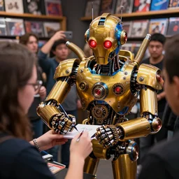 photo of an autograph session of a golden and blue metal humanoid steampunk robot with gears and tubes, robot gives autographs to people, surrounded by many people, eyes are glowing red lightbulbs, shiny crisp finish, 3 d render, 8 k, insaneley detailed, fluorescent colors, background is in a record store,