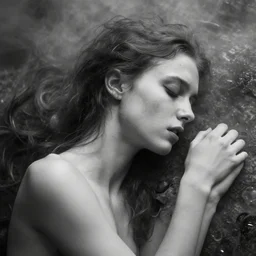 birth is a curse and she hasn't forgot that pain is another way of falling asleep, she is 2 1, skinny and beautiful, she listens to oathbreaker, award winning photography by juergen teller, black and white, the background is infected, insanely detailed, close up, foggy like in norwegian black metal aesthetic