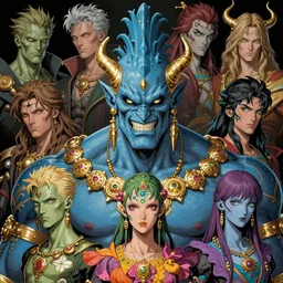 8 k headshot of tough godlike psychedelic demigod from macfarlane comics, ( ( ( smirk ) ) ) detailed vfx by greg rutkowski, ilya kuvshinov, indomitable, gold accessories, krenz cushart, flower clothes and blue skin, muscular, symmetry accurate features, epic, artgerm trending on artstation, anime masterpiece, intricate artwork by caravaggio, unreal
