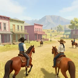 screenshot of gameplay game set in 1 8 3 9 old west showdown featuring african american and japanese cowboys and cowgirls in ghost town with buildings painted bright pastel colors, morning light with mountains in the background