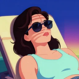woman is relaxing on a lounge : : wearing sunglasses : : shadow of window blinds falling only on her face : : patrick nagel : : 8 0 s digital art, clean lines, gradients, 8 0 s aesthetic