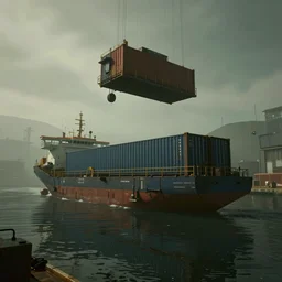 a flying container vessel at port in Night City Cyberpunk 2077, muted cyberpunk style, tranquil, desolate, atmospheric, hazy, sweltering, autochrome, 8k, reflections, octane render, unreal engine 5