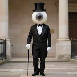 eyeball headed gentleman wearing giant eyeball mask hiding his face and head, impeccably dressed in elegant black tailcoat tuxedo and top hat with theatrical walking cane