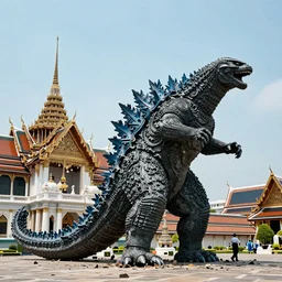 Godzilla breaking the Royal Palace in Bangkok, colourized, photo, high quality