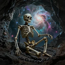 a cinematic shot of a chained skeleton in a cave, epic nebula, Dan Seagrave art