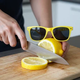 a lemon wearing sunglasses on a cutting board being cut with a kitchen knife, close up, dslr photo