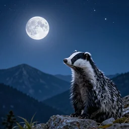 a badger watching a starry sky with the moon rising over mountains, dreamlike, 4k,