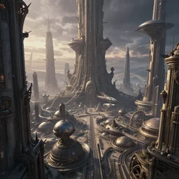 alien supercity, dense hypermaximalist metropolis, intricate, gothic-futurist architecture, Star Wars architecture, bizarre and imposing unusual megastructures, vanishing point perspective, domes, drone speedways, twilight, style of Doug Chiang