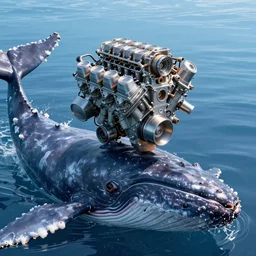 photograph of a v 8 engine on top of the head of cachalot whale, a diesel v 8 engine is mixed in the head of a cachalot in the ocean, eight - cylinder piston engine and the body of a whale, long shot, in the style of cyberpunk, fantastic