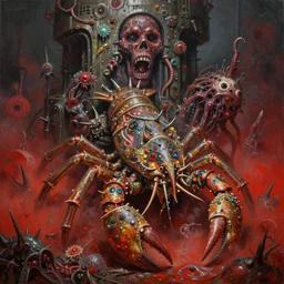 fine art oil painting varied muck jeweled, filthy, doubled, spiked, rugated armored predatory crustaceans, tiered, clawing & terrified as massive brutalist structures, claustrophobic cilia sporing pox, final battle failure, red mustard gas fog, by alex nino, francesco blanc, jack gaughan high resolution, hyper detailed, cinematic, ornate masterpiece