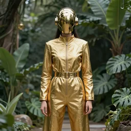 Person standing still, dressed in a futuristic golden outfit with futuristic golden helmet. Futuristic flora background.