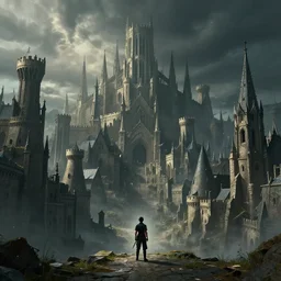 small person standing in the foreground of a massive medieval city by Greg Rutkowski, Sung Choi, Mitchell Mohrhauser, Maciej Kuciara, Johnson Ting, Maxim Verehin, Peter Konig, final fantasy , 8k photorealistic, cinematic lighting, HD, high details, dramatic, dark atmosphere, trending on artstation