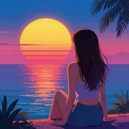 girl watching retrowave vintage sunset, big round sun, synthwave, neon, digital painting, artstation