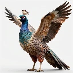 a high resolution realistic photo portrait of a birdlike sculpture creature made of birds merged, creature wrinkles pheasant, feathers exotic morphing hoopoe, morphing wings king vulture head