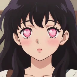 anime girl with hearts in her eyes blushing looking forward, close up portrait.