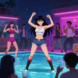 pool party late at night with funky music people dancing in anime akira style, 8 k, hd