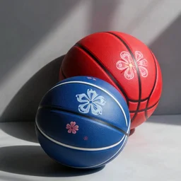 a red basketball with flowers on it, in front of blue one with a similar pattern