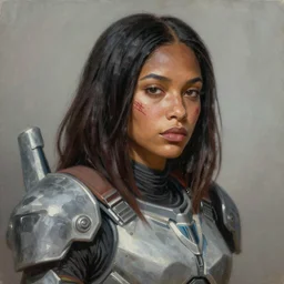 portrait of a very beautiful BIPOC woman with a deep visible scar on her cheek, wearing femshep mass effect armor, Alexandria's genesis, chin-length hair, bored, illustration, soft lighting, soft details, hyper realism, high detailed, painting oil on canvas by mark arian by artgerm, trending on artstation, 4k, 8k, HD