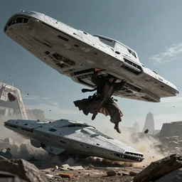 a powerful jedi levitating using the force to pull down and crush a monumental size imperial star destroyer to the ground beneath his feet, extremely detailed image, high quality, photoshopped, 4 k high resolution, trending on artstation
