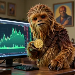 wookiee at home trading crypto. the charts are at all time highs, gains, green charts, painting by grant wood and frank frazetta, 3 d rendering by beeple, wlop
