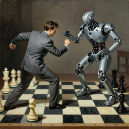 “a vivid renaissance painting of the heroic final battle between a dull man in a grey suit and a bionic cyborg robot, the fight is happening on a life sized chessboard.”