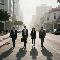 people with modern european formal cloting going to their office walking on wide side road,modern san francisco,misty morning with long shadows,fan ho photography