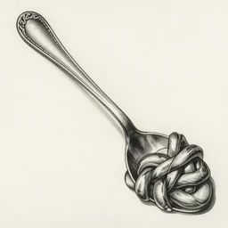 a large knotted spoon, ink on paper, durero, 8 k, 3 d render, highly detailed, unreal