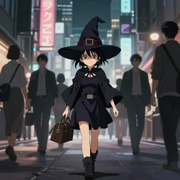 anime key visual of a little witch walking through busy cities, cinematic lighting, dramatic atmosphere, by dustin nguyen, akihiko yoshida, greg tocchini, greg rutkowski, cliff chiang, 4 k resolution