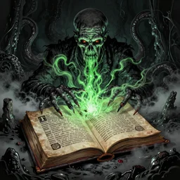 detailed ultra - realistic graphic novel illustration of lovecraft horror, opened necronomicon illustrated medieval spell book, toxic clouds, dark energy, inspired by famous fantasy illustrators, fog, blood, tentacles, evil fluid, darkness night, terrific, green, black colors