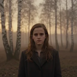 portrait of emma watson, solemn expression, faded color film, russian cinema, tarkovsky, kodachrome, heavy birch forest, long brown hair, old clothing, heavy fog, atmospheric haze, brown color palette, sunset, low light, dramatic lighting