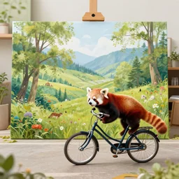 a red panda drive with a bicycle through a wonderful landscape artstation