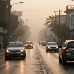 some cars driving on deserted city street, fog, rain, volumetric lighting, beautiful, golden hour, sharp focus, ultra detailed, cgsociety