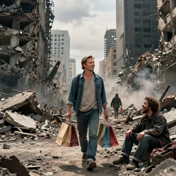ultra high detail modern city destroyed by war in ruins with brad pitt walking around with shopping bags laughing at homeless person, color photograph very high detail