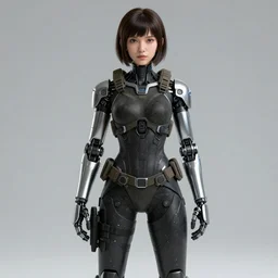 girl android with a human face, two eyes, a neat nose, lips, full-length, dressed in tactical armor, right arm prosthetic chrome, cyberpunk style hyperrealistic octane render anime