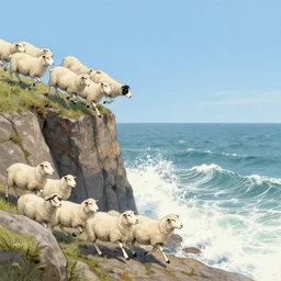 eighty white sheep running fast in the direction of a cliff and we can see them falling like lemmings down the rocks below to the sea and facing the crashing white waves, there is one single black sheep going against the crowd, clear blue skies, old colored sketching, lateral sideways panoramic shot