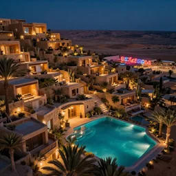 habitat 6 7, terraced architecture hotel in the dessert, many plants and infinite pool, night view, cinematic, cyberfunk neon sign