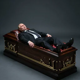sad dead Putin lies in a coffin.  dramatic lighting, award winning studio photo
