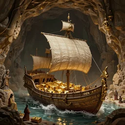 an intricate concept art illustration of an ancient ship with gold treasure hidden inside a cave, fuzichoco color palette, digital art, matte painting, photorealistic movie still, style ivan talavera and artgerm and dylan cole and feng zhu, hyper realistic, octane render, trending on artstation, cgsociety, cinematic light, 8 k