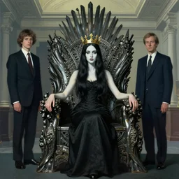 a beautiful black haired woman with pale skin and a crown on her head sitted on an intricate metal throne new york circa 1 9 8 4 edward hopper and james gilleard, surreal, open ceiling, highly detailed, airbrush, ilya kuvshinov, wlop, stanley artgerm, very coherent, art by takato yamamoto and james jean