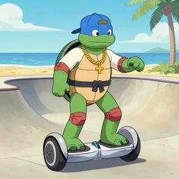 a dodo wearing street clothes, a backwards ballcap and gold chain around its neck, surfing on on a hover board at a skate park at the beach, 1990s cartoon, teenage mutant ninja turtles