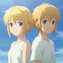 A full body portrait of twin brother and sister with golden short hair, dark blue eyes, symmetrical facial features, digital art, fantasy art, volumetric lighting, dreamy and ethereal, art by Shinkai Makoto ,Kyoto Animation, anime illustration, trending on Pixiv.