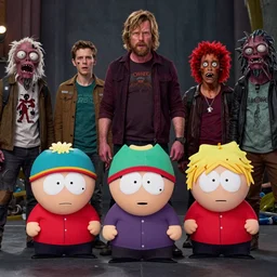 kyle and cartman and butters and stan and kenny of south park in the walking dead fighting zombies, movie still, 8 k, from the newest season the walking dead, cinematic lighting, hd