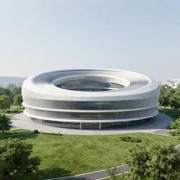 circular building surrounded by a green park, designed by zaha hadid, 4 k, realistic,