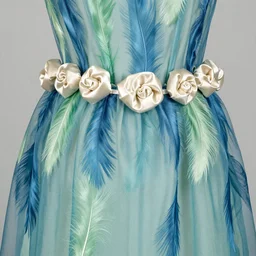 the decorative detail of padded satin rouleaux are applied lavishly to this 1 8 2 0 s blue and green gauze dress. the feather pattern is an ethereal choice in gauze, overlaid with the couched loops of ivory silk.
