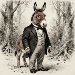 tintype, ink drawing of a man-sized anthropomorphic donkey wearing elegant clothing, brown color scheme, detailed, realistic, sketch, cartoon, funny, elegant, woods background, fairytale