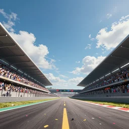 low angle wide angle shot worms eye view angled toward the sky of a realistic futuristic racetrack winners circle with confetti on a sunny day with a clear blue cloudy sky, cyberpunk, digital painting, good value control, crowded stands, three point perspective, rule of thirds, golden ratio, horizon line focus, sharp focus, fourze, realistic textures, 8 k