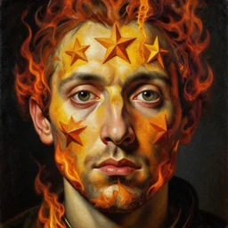 intricate five star the burning city facial portrait by diego velazquez, oil on canvas, hdr, high detail, photo realistic, hyperrealism, matte finish, high contrast, 3 d depth, centered, masterpiece, vivid and vibrant colors, enhanced light effect, enhanced eye detail, artstationhd