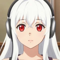 anime film still portrait of a japanese young woman, large, red eyes, white hair!!!!!, long, wearing wireless headphones, cute face by ilya kuvshinov, bakemonogatari, masakazu katsura, rimlight, realistic shading, fine details, realistic shaded perfect face, fine - face, 4 k, long white hair, flat