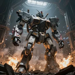 beaten-up giant robot in a technological megastructure, dramatic lighting, explosions, debris, smoke, apocalyptic scene, cinematic photography