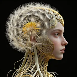 intricate hyper detailed ultra sharp 3 d render of a witch profile portrait, 1 5 0 mm art nouveau, haute couture alexander mcqueen leaves stems, unsplash model transparent fractal dandelion yellow pistil filigree roots, intricate details, human face, facial features, elegant, hyper realistic, ultra detailed, octane render, volumetric cinematic lighting, 8 k post - production